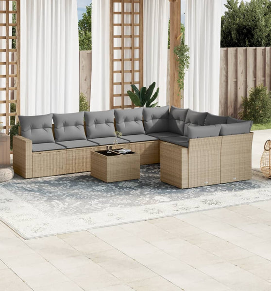 10-tlg. Garten-Sofagarnitur mit Kissen Beige Poly Rattan