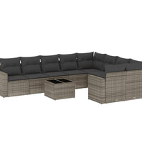 10-tlg. Garten-Sofagarnitur mit Kissen Grau Poly Rattan