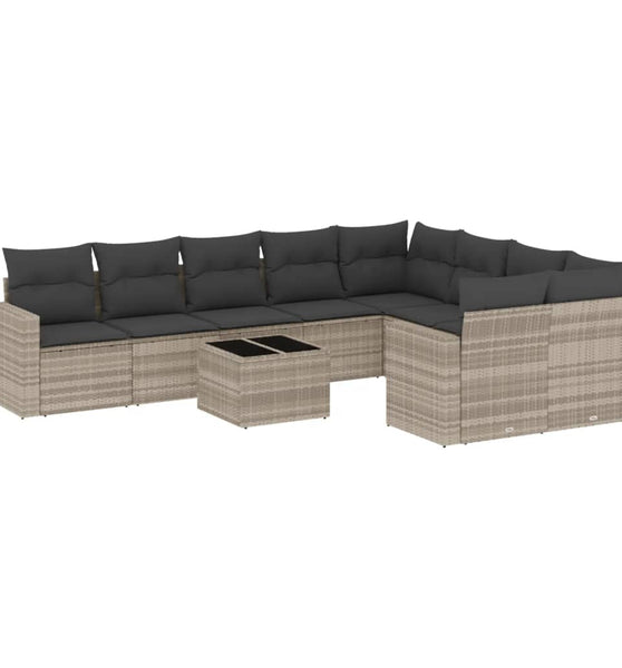 10-tlg. Garten-Sofagarnitur mit Kissen Hellgrau Poly Rattan