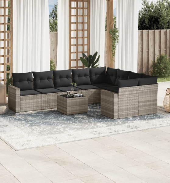 10-tlg. Garten-Sofagarnitur mit Kissen Hellgrau Poly Rattan