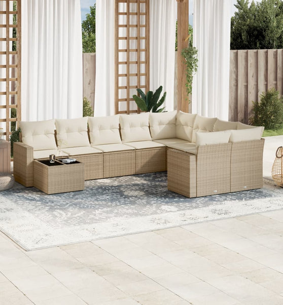 10-tlg. Garten-Sofagarnitur mit Kissen Beige Poly Rattan
