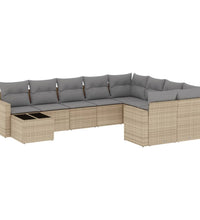 10-tlg. Garten-Sofagarnitur mit Kissen Beige Poly Rattan