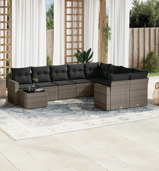 10-tlg. Garten-Sofagarnitur mit Kissen Grau Poly Rattan