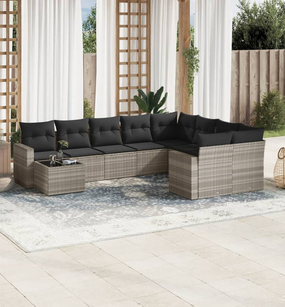 10-tlg. Garten-Sofagarnitur mit Kissen Hellgrau Poly Rattan