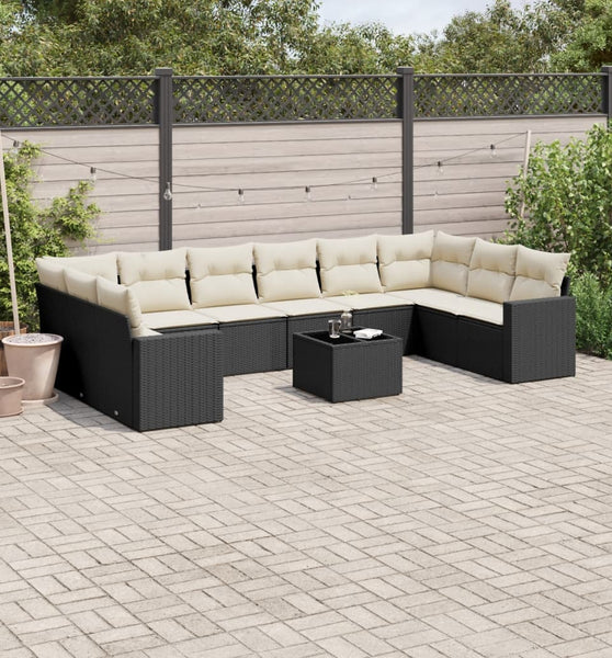 11-tlg. Garten-Sofagarnitur mit Kissen Schwarz Poly Rattan