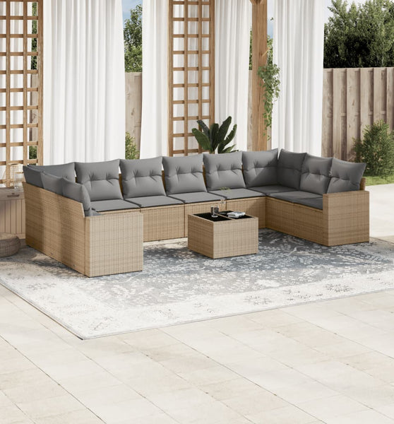 11-tlg. Garten-Sofagarnitur mit Kissen Beige Poly Rattan