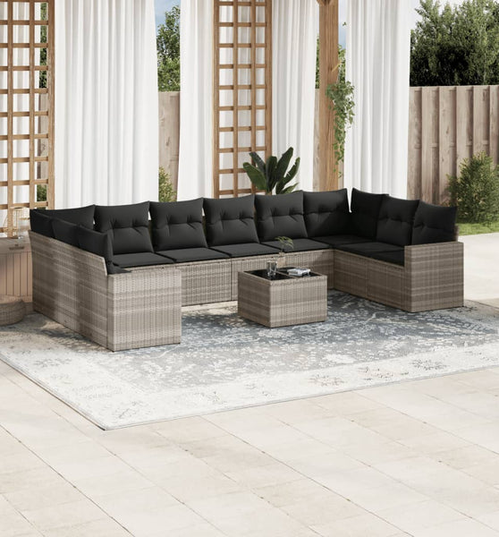 11-tlg. Garten-Sofagarnitur mit Kissen Hellgrau Poly Rattan