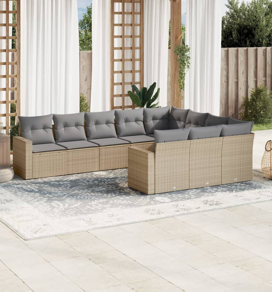 10-tlg. Garten-Sofagarnitur mit Kissen Beige Poly Rattan