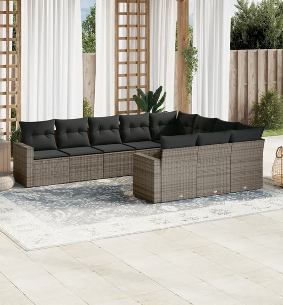 10-tlg. Garten-Sofagarnitur mit Kissen Grau Poly Rattan
