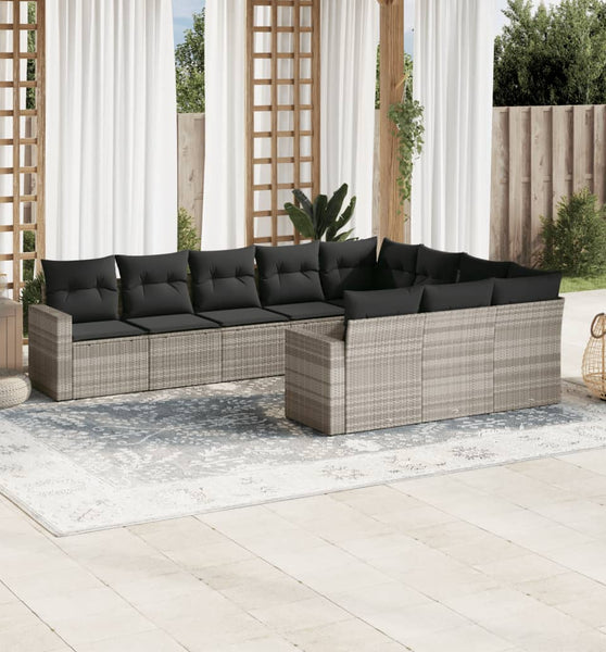 10-tlg. Garten-Sofagarnitur mit Kissen Hellgrau Poly Rattan