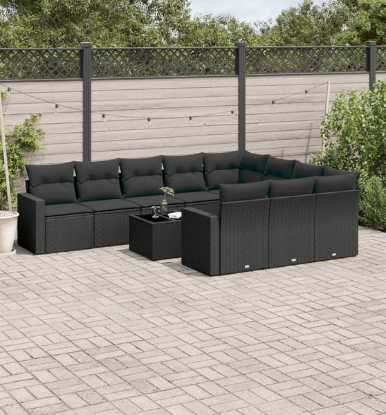 11-tlg. Garten-Sofagarnitur mit Kissen Schwarz Poly Rattan