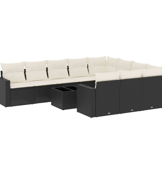 11-tlg. Garten-Sofagarnitur mit Kissen Schwarz Poly Rattan