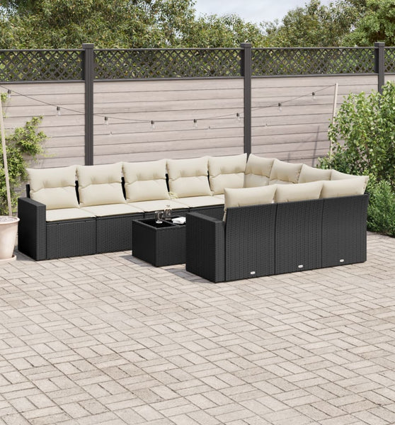 11-tlg. Garten-Sofagarnitur mit Kissen Schwarz Poly Rattan