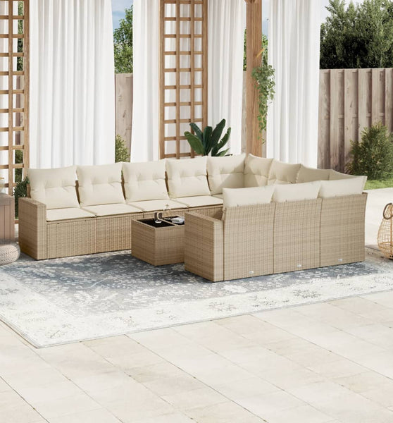 11-tlg. Garten-Sofagarnitur mit Kissen Beige Poly Rattan