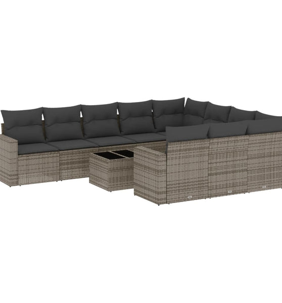 11-tlg. Garten-Sofagarnitur mit Kissen Grau Poly Rattan