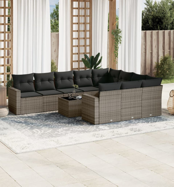 11-tlg. Garten-Sofagarnitur mit Kissen Grau Poly Rattan