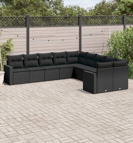 10-tlg. Garten-Sofagarnitur mit Kissen Schwarz Poly Rattan