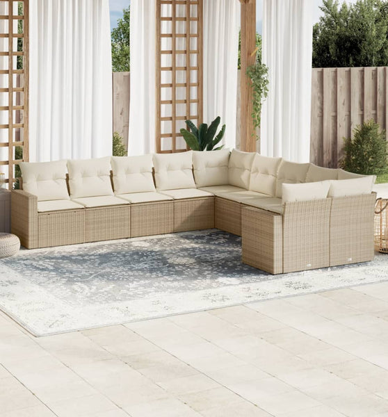 10-tlg. Garten-Sofagarnitur mit Kissen Beige Poly Rattan