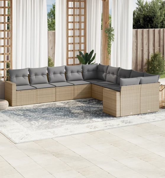 10-tlg. Garten-Sofagarnitur mit Kissen Beige Poly Rattan