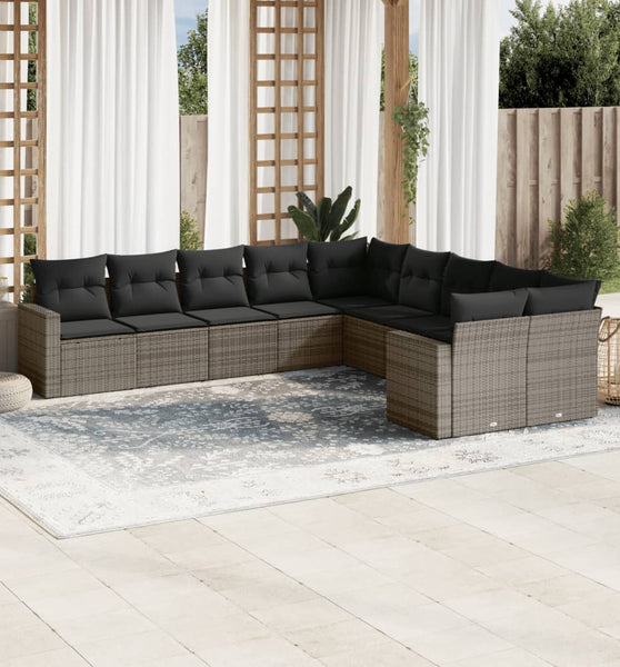10-tlg. Garten-Sofagarnitur mit Kissen Grau Poly Rattan