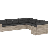 10-tlg. Garten-Sofagarnitur mit Kissen Hellgrau Poly Rattan