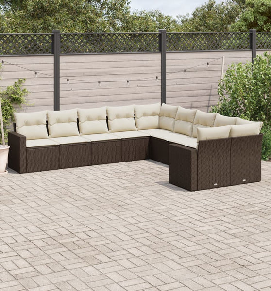 10-tlg. Garten-Sofagarnitur mit Kissen Braun Poly Rattan