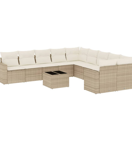 11-tlg. Garten-Sofagarnitur mit Kissen Beige Poly Rattan