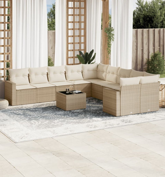 11-tlg. Garten-Sofagarnitur mit Kissen Beige Poly Rattan
