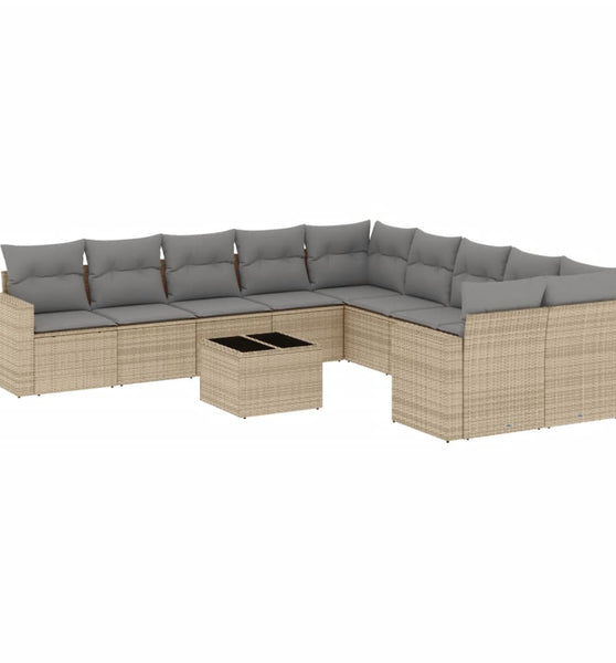 11-tlg. Garten-Sofagarnitur mit Kissen Beige Poly Rattan