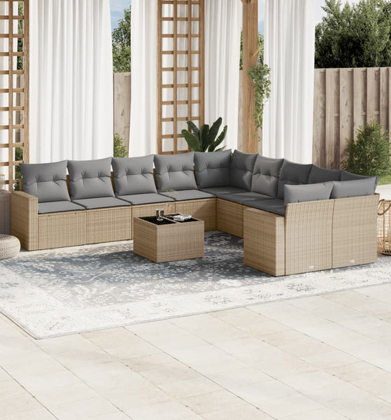 11-tlg. Garten-Sofagarnitur mit Kissen Beige Poly Rattan