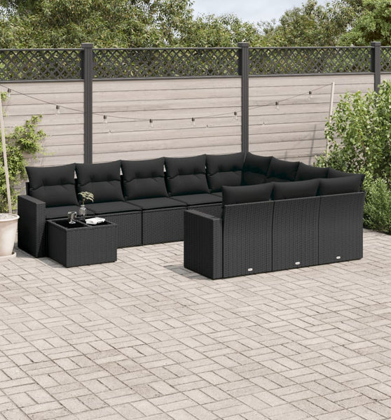 11-tlg. Garten-Sofagarnitur mit Kissen Schwarz Poly Rattan