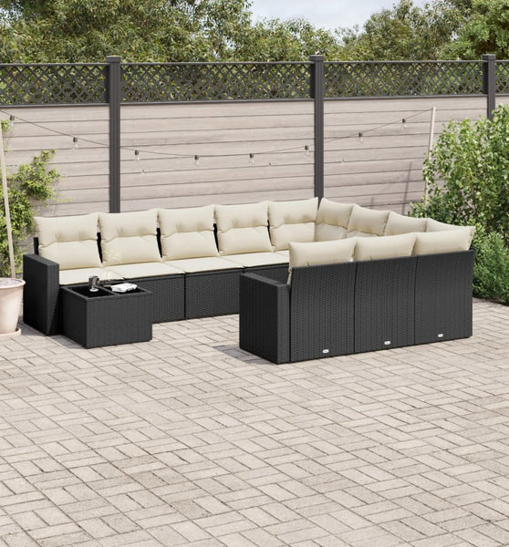 11-tlg. Garten-Sofagarnitur mit Kissen Schwarz Poly Rattan