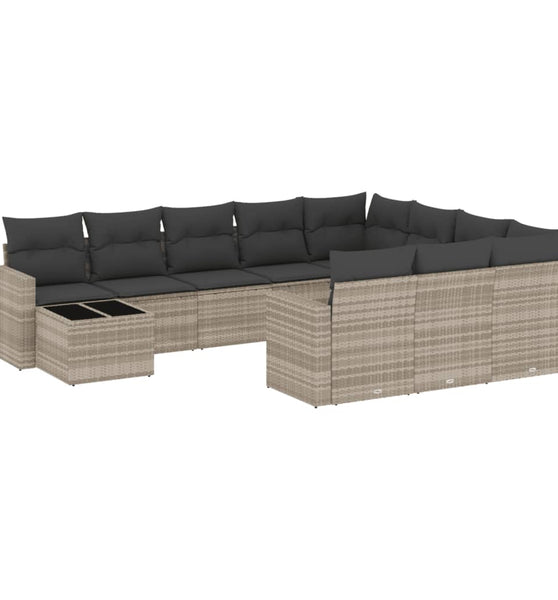 11-tlg. Garten-Sofagarnitur mit Kissen Hellgrau Poly Rattan