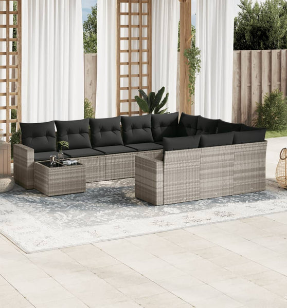 11-tlg. Garten-Sofagarnitur mit Kissen Hellgrau Poly Rattan