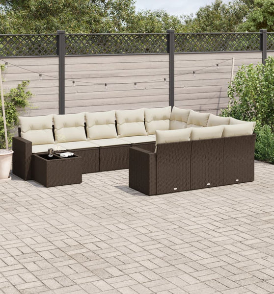 11-tlg. Garten-Sofagarnitur mit Kissen Braun Poly Rattan