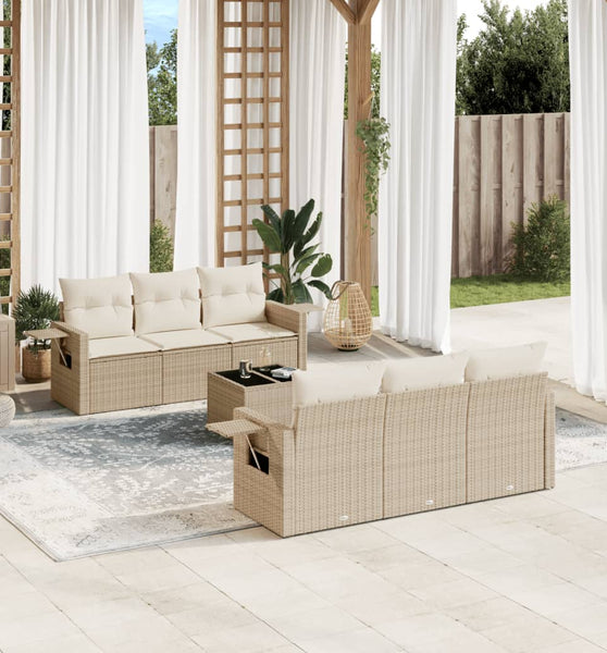 7-tlg. Garten-Sofagarnitur mit Kissen Beige Poly Rattan