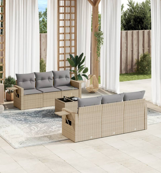 7-tlg. Garten-Sofagarnitur mit Kissen Beige Poly Rattan