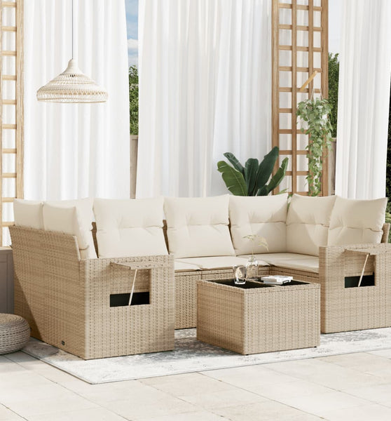 7-tlg. Garten-Sofagarnitur mit Kissen Beige Poly Rattan