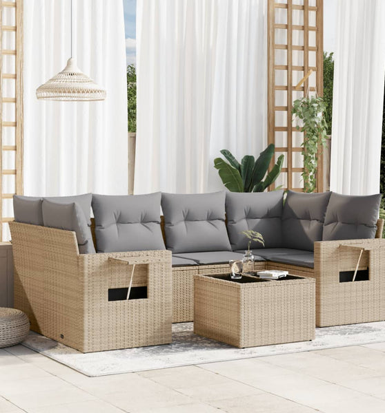 7-tlg. Garten-Sofagarnitur mit Kissen Beige Poly Rattan