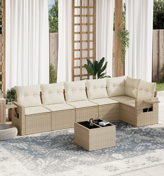 7-tlg. Garten-Sofagarnitur mit Kissen Beige Poly Rattan