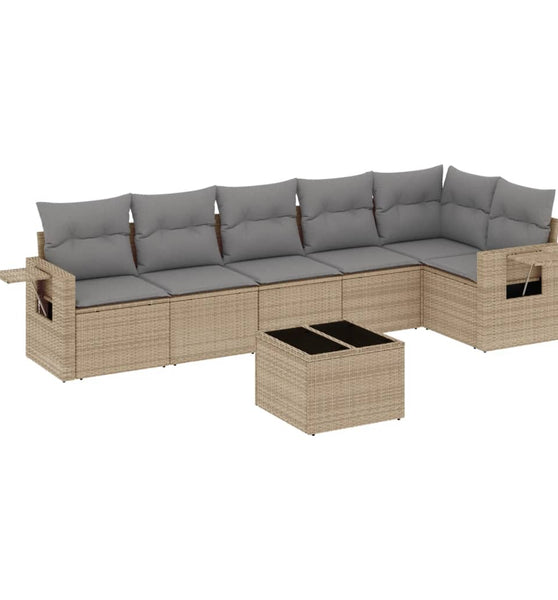 7-tlg. Garten-Sofagarnitur mit Kissen Beige Poly Rattan