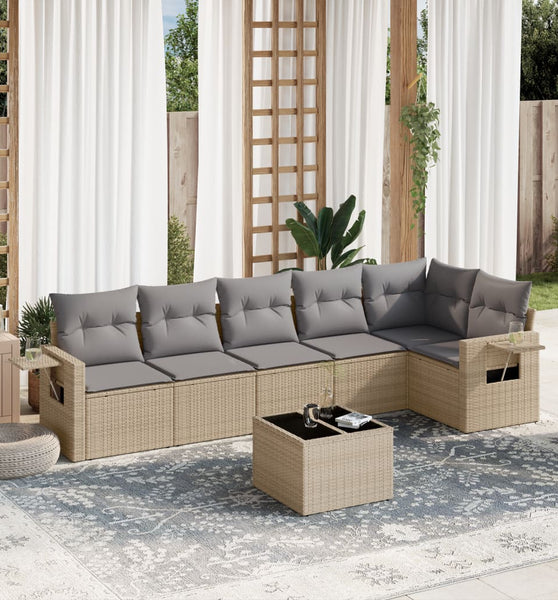 7-tlg. Garten-Sofagarnitur mit Kissen Beige Poly Rattan