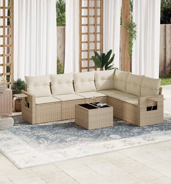7-tlg. Garten-Sofagarnitur mit Kissen Beige Poly Rattan