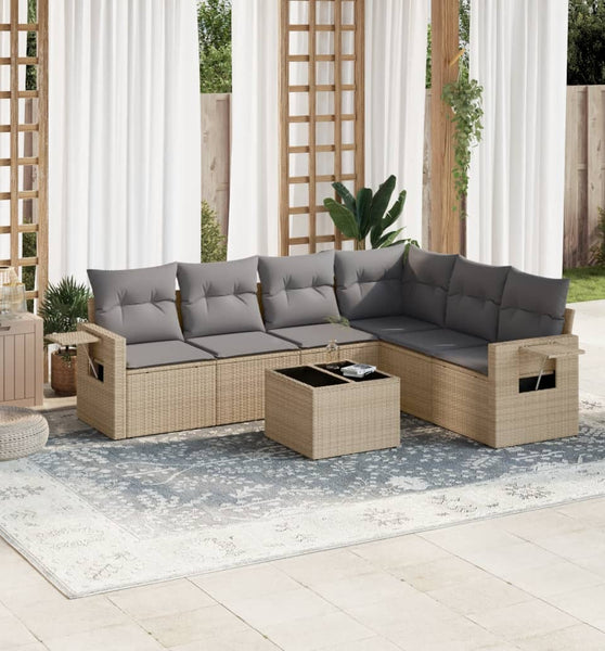 7-tlg. Garten-Sofagarnitur mit Kissen Beige Poly Rattan