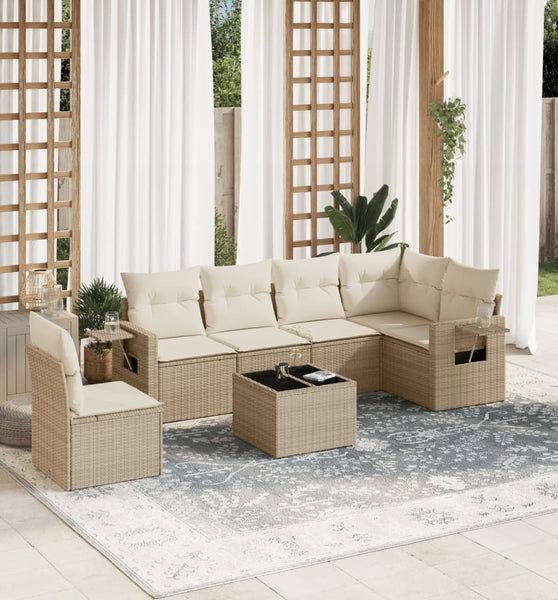 7-tlg. Garten-Sofagarnitur mit Kissen Beige Poly Rattan