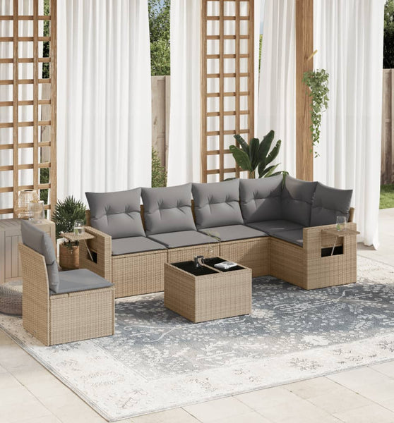 7-tlg. Garten-Sofagarnitur mit Kissen Beige Poly Rattan