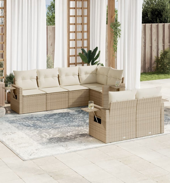 7-tlg. Garten-Sofagarnitur mit Kissen Beige Poly Rattan