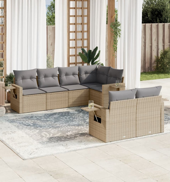 7-tlg. Garten-Sofagarnitur mit Kissen Beige Poly Rattan