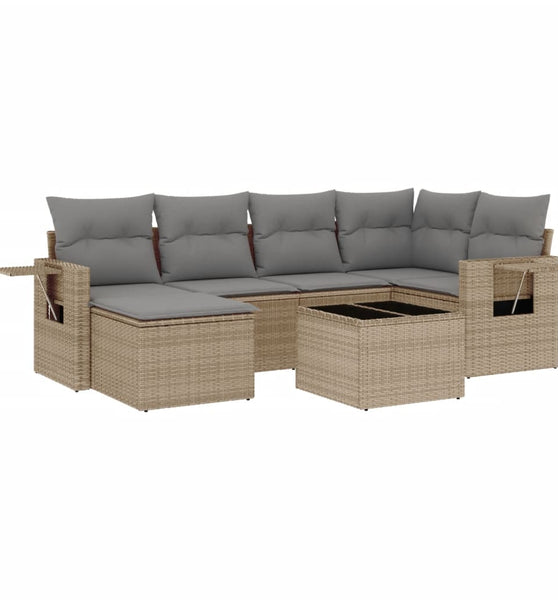 7-tlg. Garten-Sofagarnitur mit Kissen Beige Poly Rattan