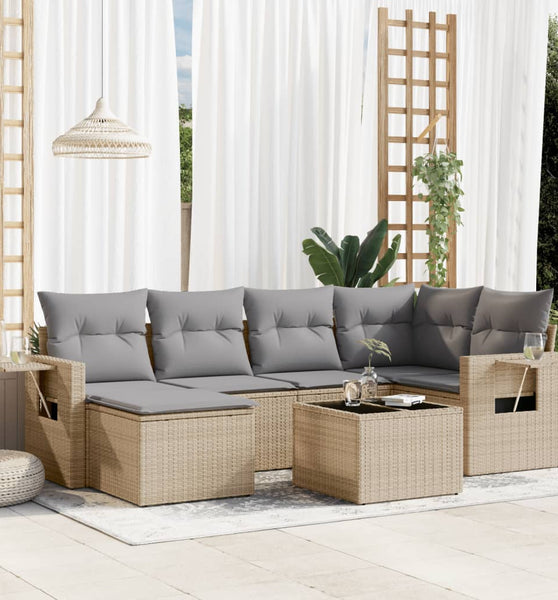 7-tlg. Garten-Sofagarnitur mit Kissen Beige Poly Rattan
